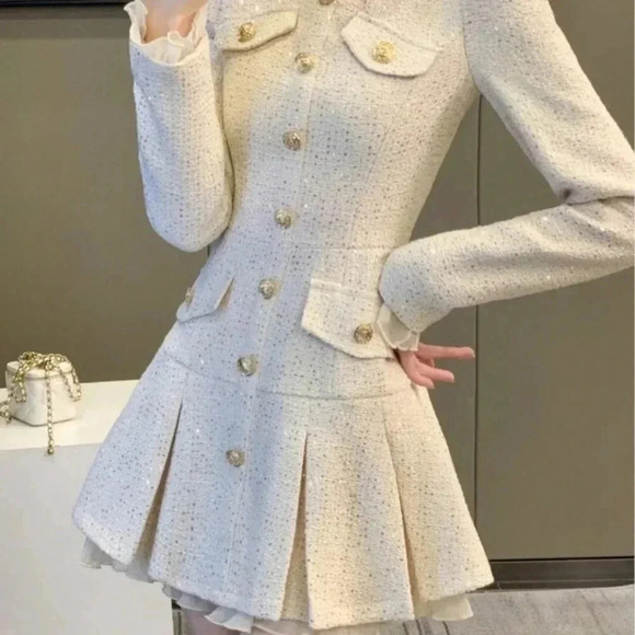 Apricot Elegant Women's Sequin Tweed Pleated Single Breasted Mini Dress - Picture 3 of 7